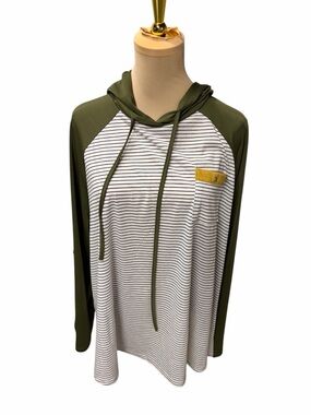 Emery Rose Striped Hooded Pullover Olive Raglan 3X